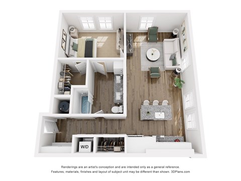 Floor plan for 1 bed, 1 bath, 843 sqft